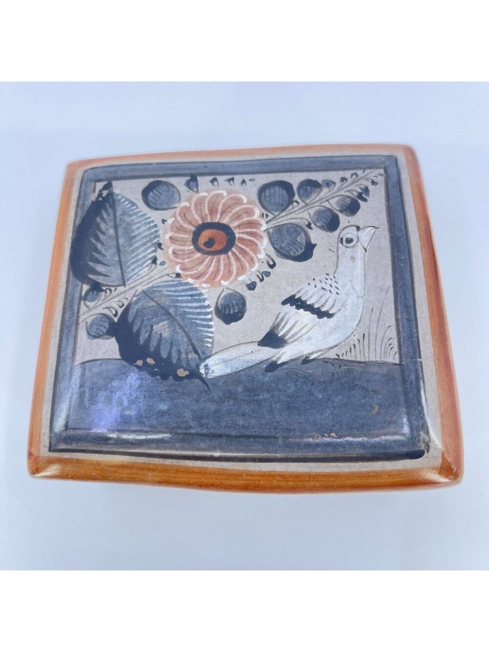 vintage tonala ceramic trinket box bird & floral motif hand made hand painted